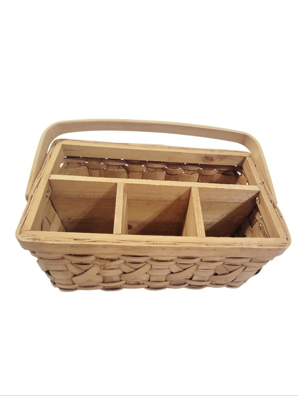 Vintage Woven Wood Divided Basket Caddy Organizer Carry Handle Farmhouse Storage - Picture 9 of 11